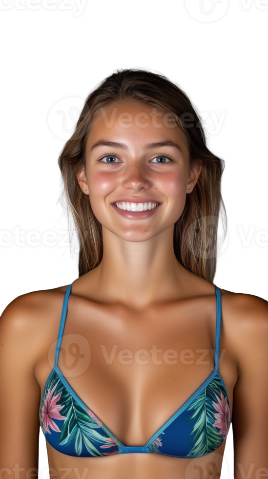 Woman in floral bikini top smiling confidently on transparent background, summer vibes png