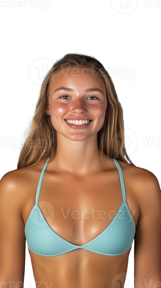 Smiling woman in aqua bikini top on transparent background, cheerful expression png