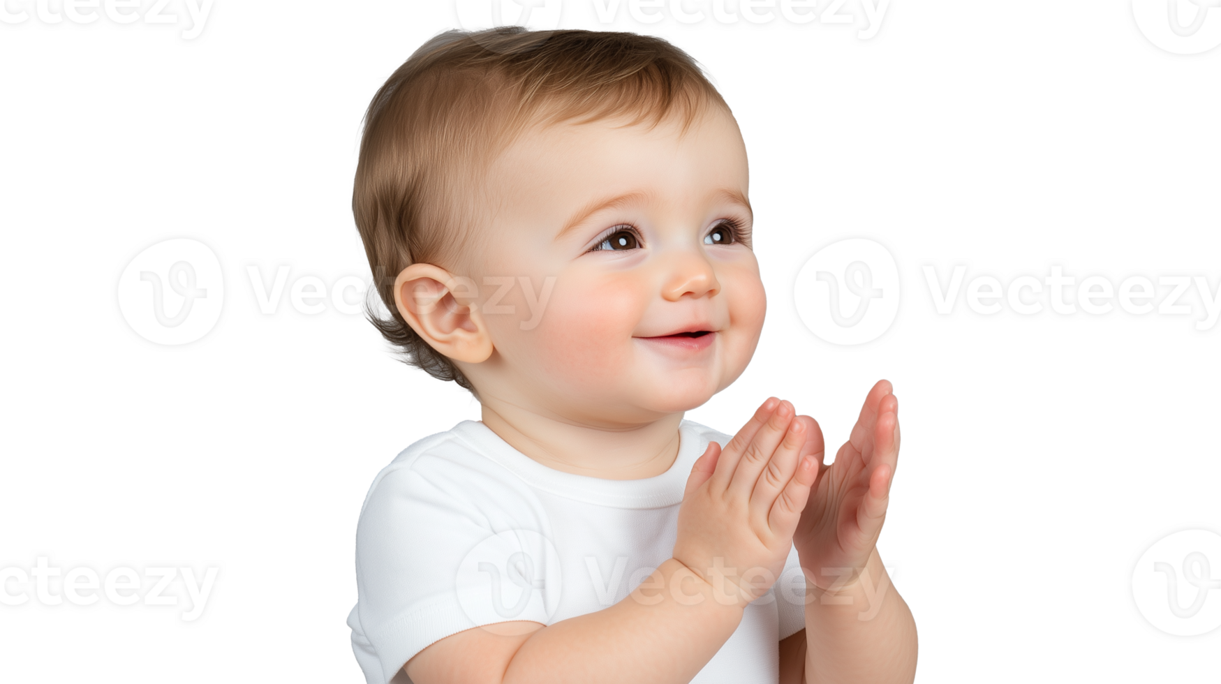 Happy baby in white shirt clapping hands on transparent background, smiling expression png