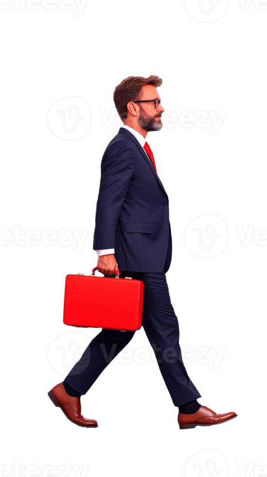 Businessman in suit walking with red briefcase on transparent background, confident stride png