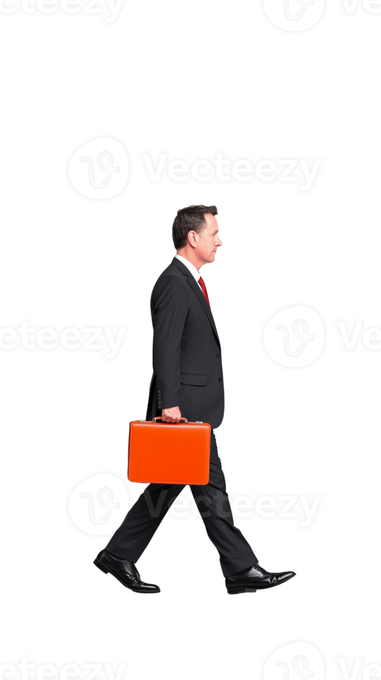 Professional man in suit walking with orange briefcase on transparent background, confident look png