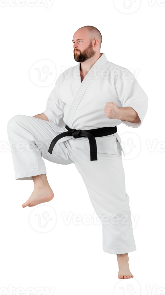 Martial artist in white uniform performing a kick on transparent background, focused expression png