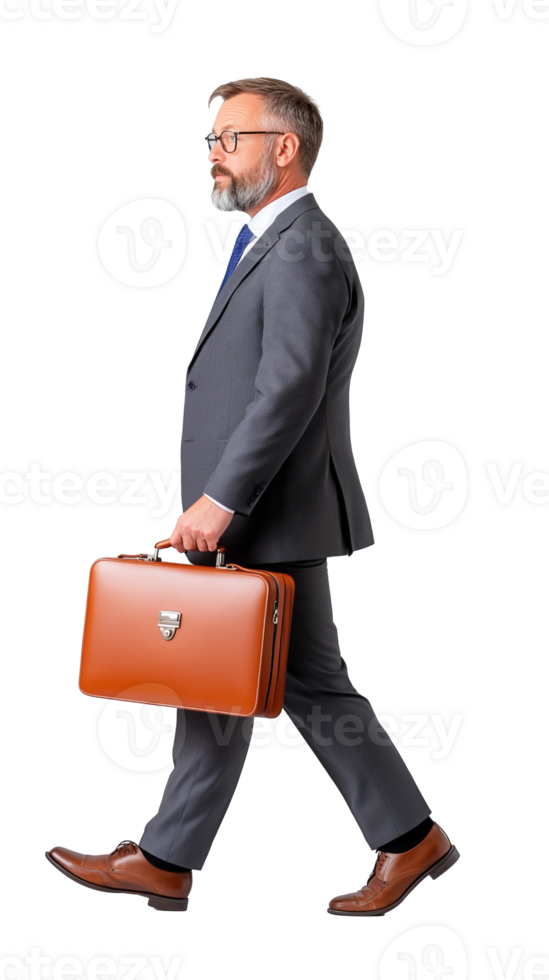 Businessman in suit carrying a leather briefcase walking on transparent background, confident pose png