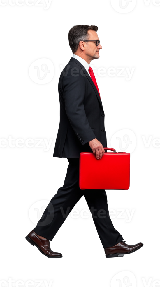 Businessman in black suit walking with red briefcase on transparent background, confident pose png