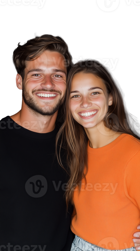 Young couple smiling and posing together on transparent background, joyful expression png