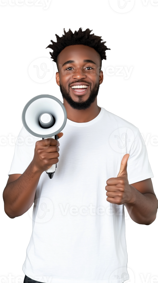 Smiling man holding a megaphone and giving thumbs up on transparent background, cheerful expression png