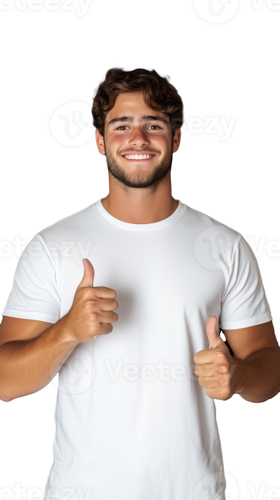 Smiling man in white shirt giving thumbs up on transparent background, cheerful and positive expression png