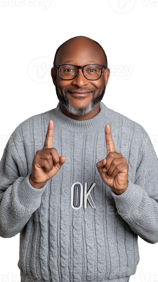 Smiling man in grey sweater making OK hand gesture on transparent background, cheerful expression png