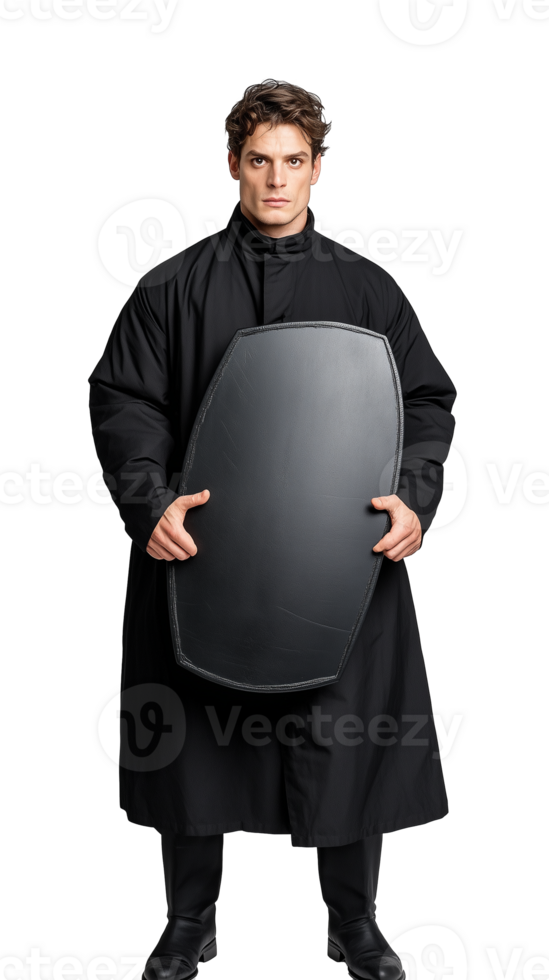 Man in black protective uniform holding a shield on transparent background, serious and confident pose png