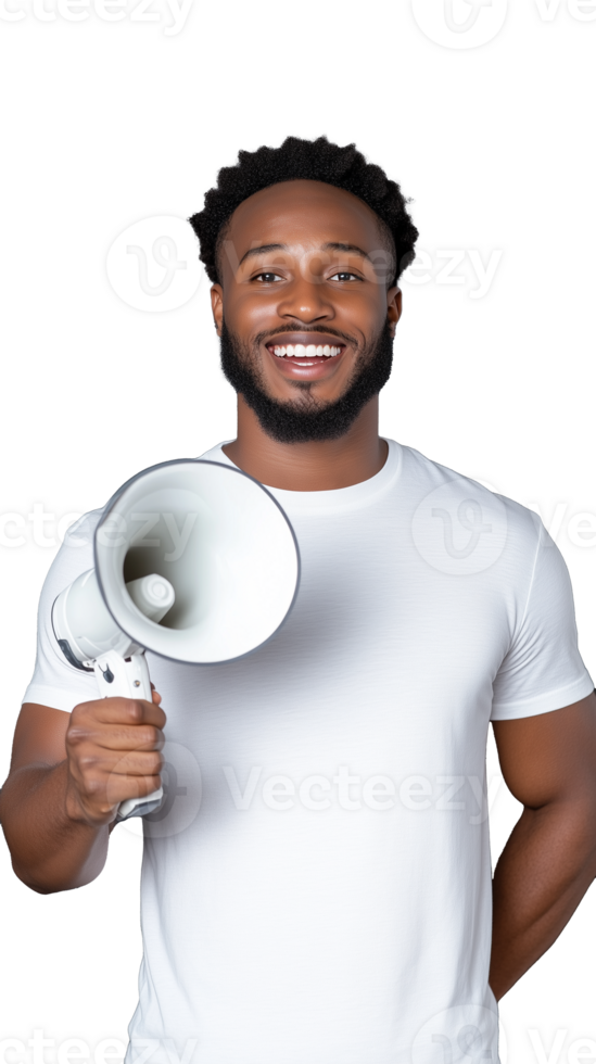 Smiling man holding a megaphone on transparent background, cheerful and confident expression png