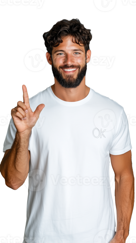 Smiling man in white shirt pointing upward on transparent background, confident and positive png