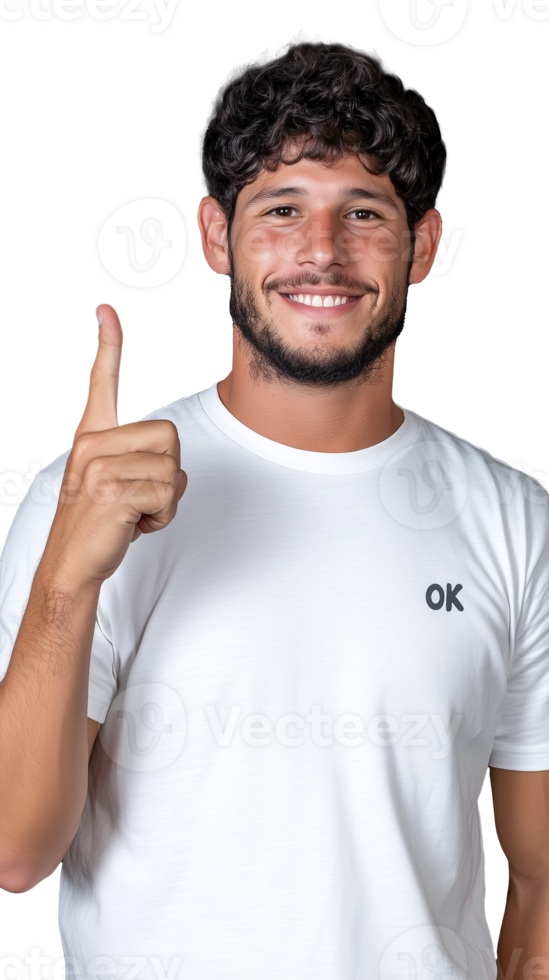 Smiling man in white shirt pointing upward on transparent background, confident and positive expression png