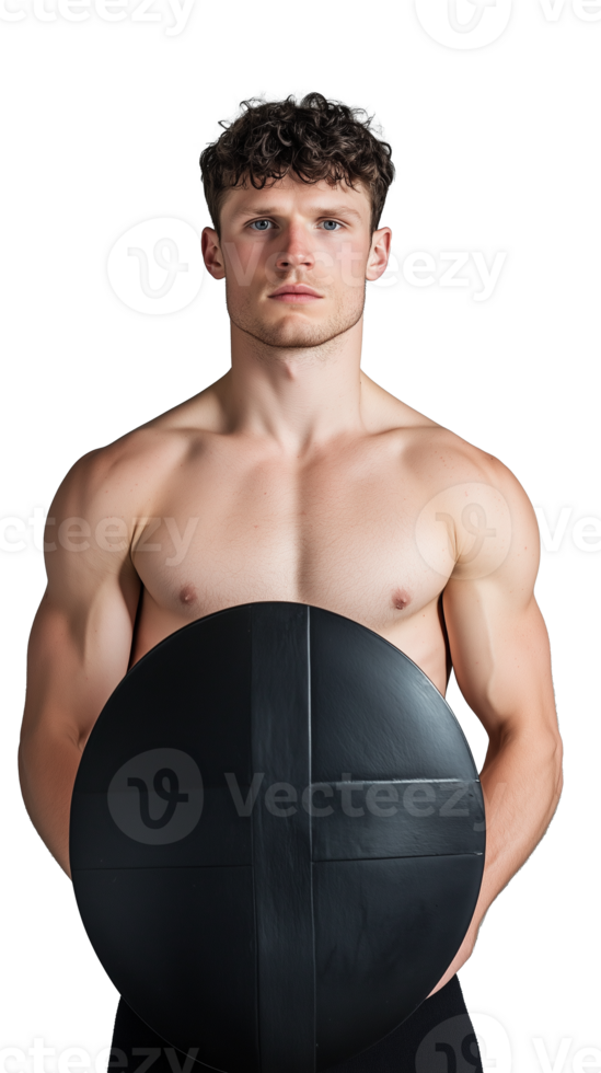 Shirtless man holding a black shield on transparent background, serious and focused expression png