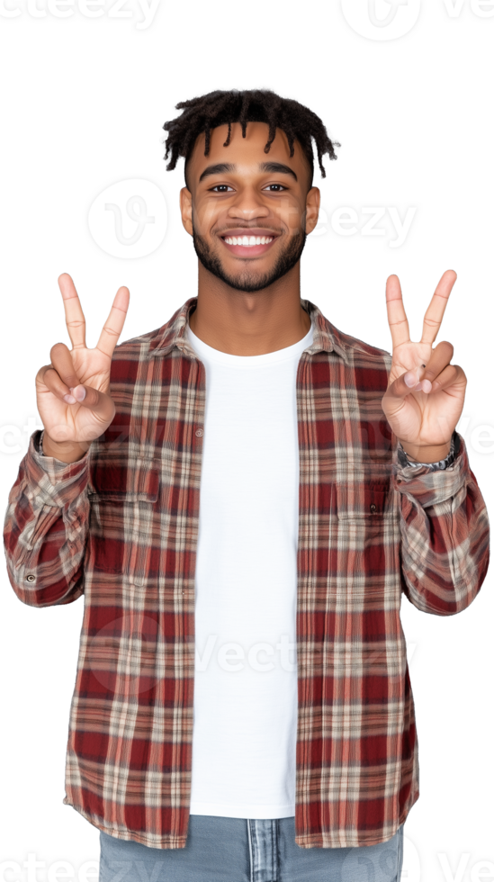 Smiling young man making peace sign with hands on transparent background, casual and confident look png