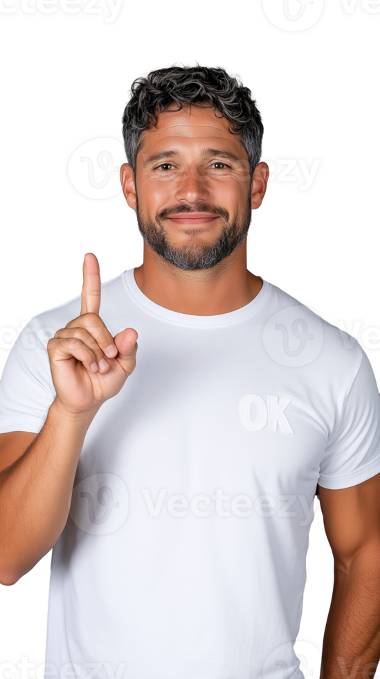 confiante homem dentro branco camisa apontando para cima em transparente fundo, alegre e positivo png