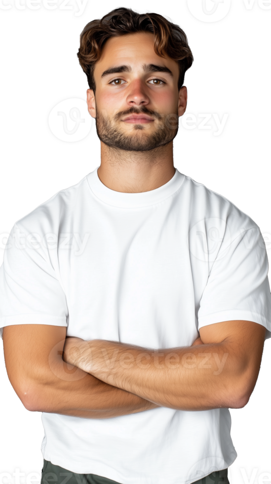 Confident man in white shirt with arms crossed on transparent background, strong expression png