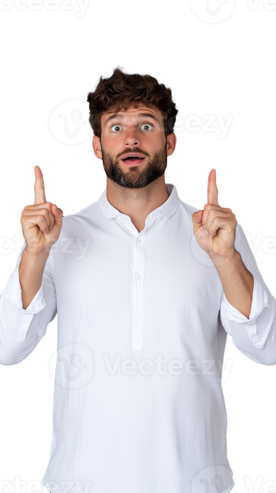 Surprised man in white shirt pointing upward on transparent background, shocked and excited expression png