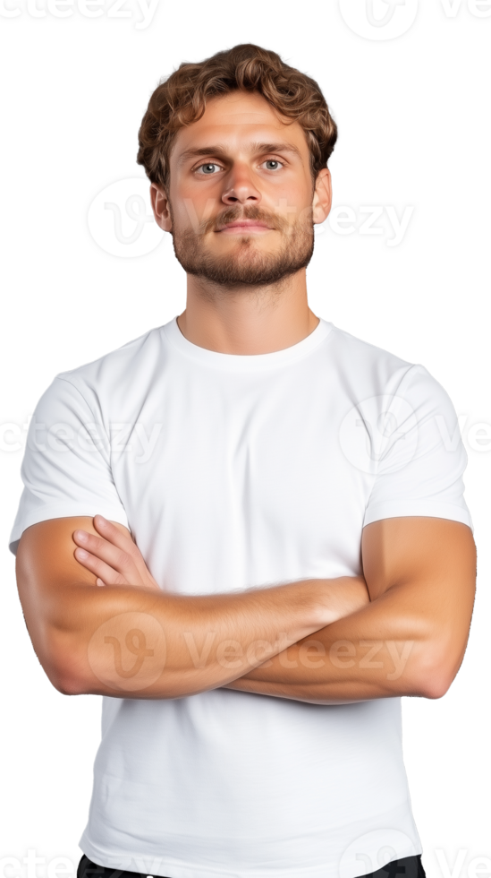 Confident man in white shirt with arms crossed on transparent background, strong and serious pose png
