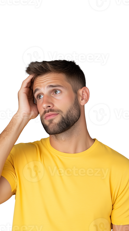 Confused man in yellow shirt scratching his head on transparent background, uncertain expression png