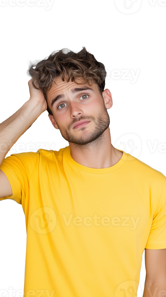 Young man in yellow shirt scratching his head on transparent background, confused and puzzled expression png