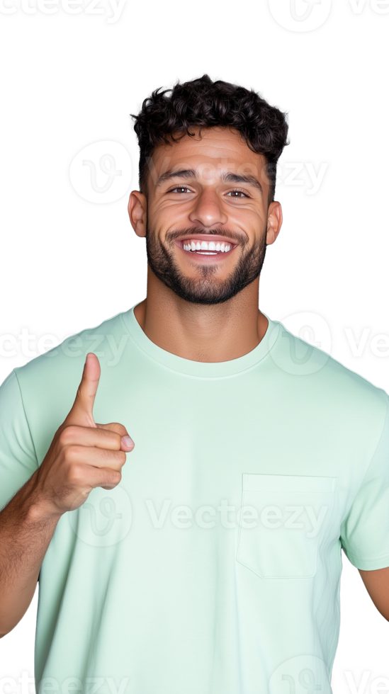 Smiling man in green shirt giving thumbs up on transparent background, cheerful and positive png
