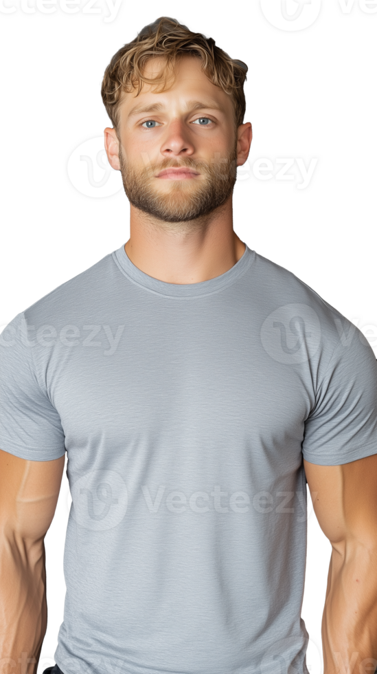 Athletic man in grey shirt posing confidently on transparent background, strong and casual png