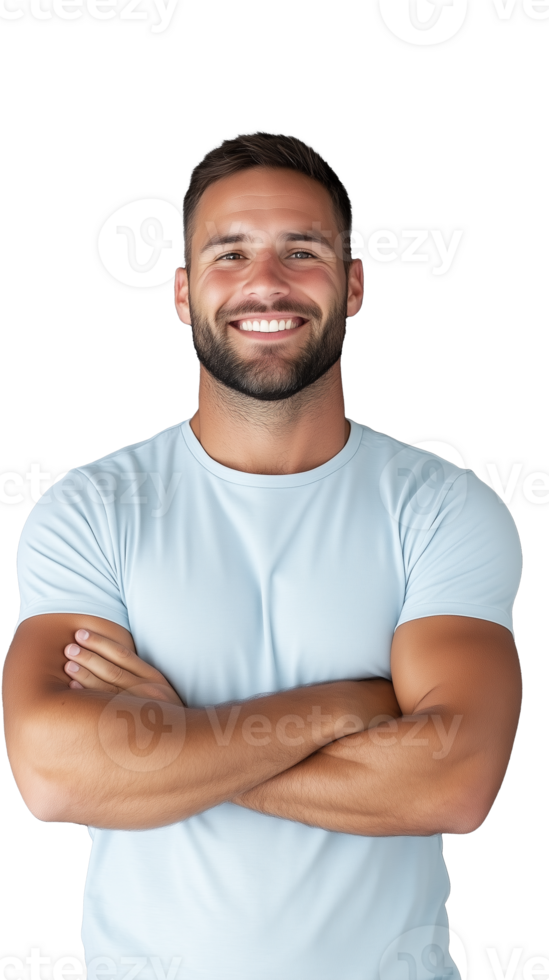 Smiling man in grey shirt with arms crossed on transparent background, confident and positive pose png
