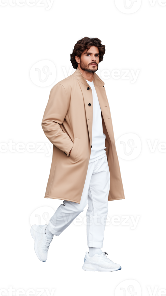 Fashionable man in beige coat walking on transparent background, confident and casual expression png
