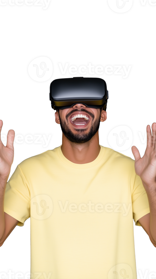 Smiling man in yellow shirt wearing VR headset on transparent background, excited expression png