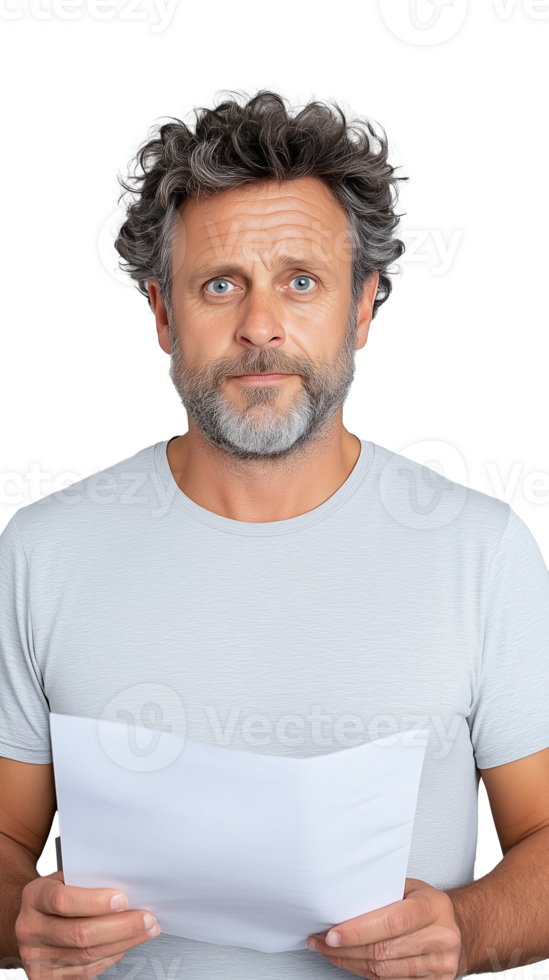 Serious man in grey shirt holding paper on transparent background, focused and thoughtful expression png