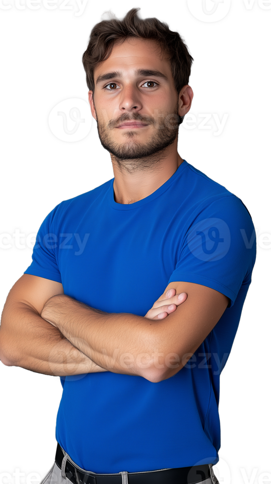 Confident man in blue shirt with arms crossed on transparent background, serious and strong pose png