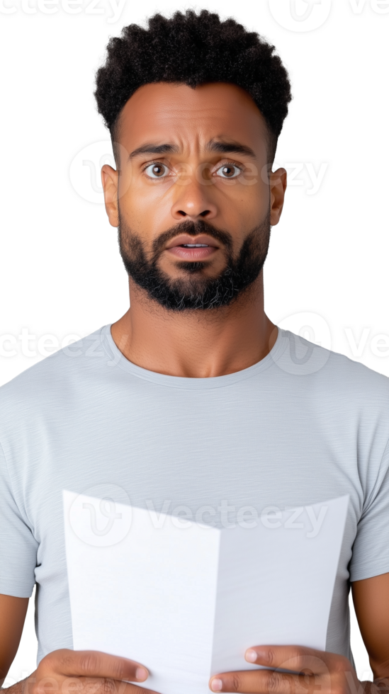 Surprised man in grey shirt holding paper on transparent background, shocked and amazed expression png