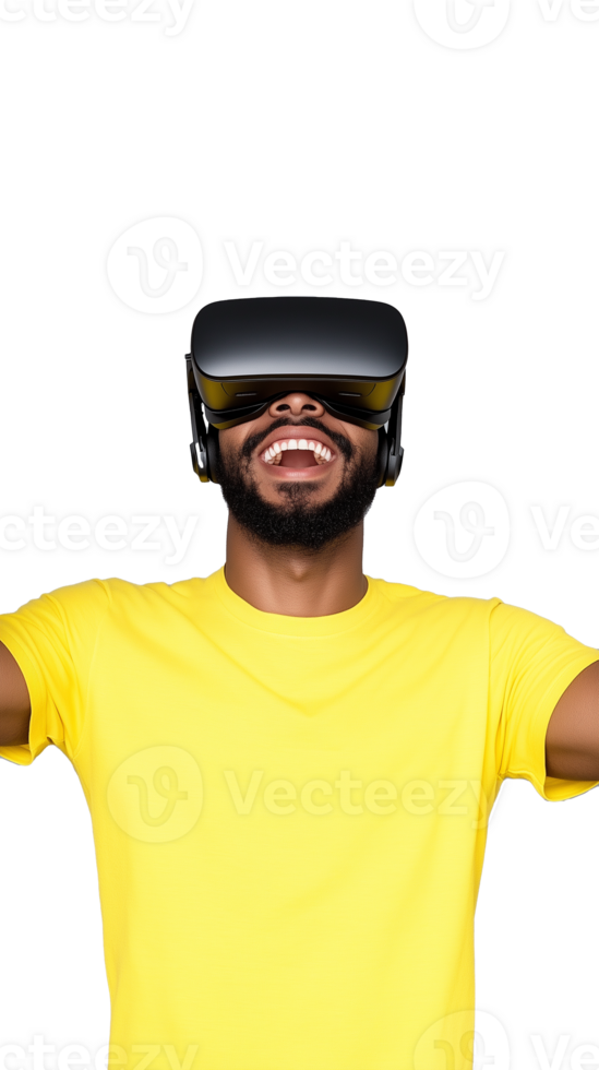 Man in yellow shirt wearing VR headset on transparent background, cheerful and engaged expression png