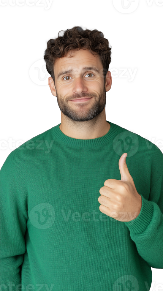 Smiling man in green sweater giving thumbs up on transparent background, confident and joyful png