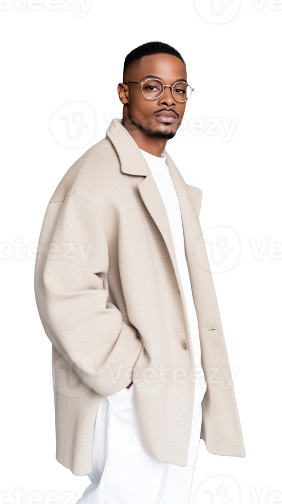 Stylish man in beige coat and glasses posing on transparent background, confident and casual png