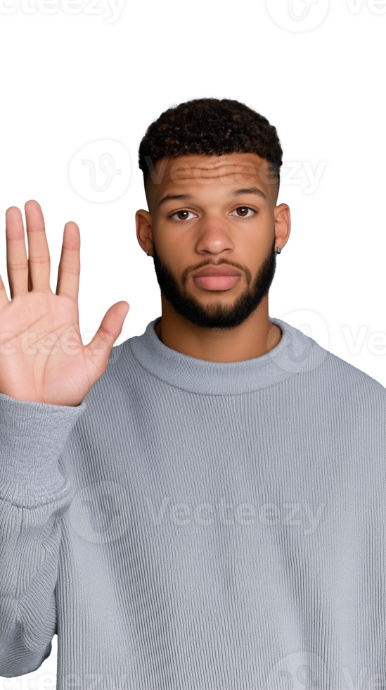 Man in grey sweater raising hand on transparent background, neutral expression png