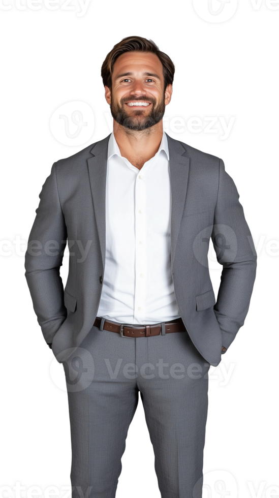 Smiling man in grey suit posing confidently on transparent background, professional and stylish png