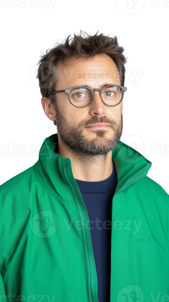 Serious man in green jacket and glasses on transparent background, thoughtful and stylish expression png