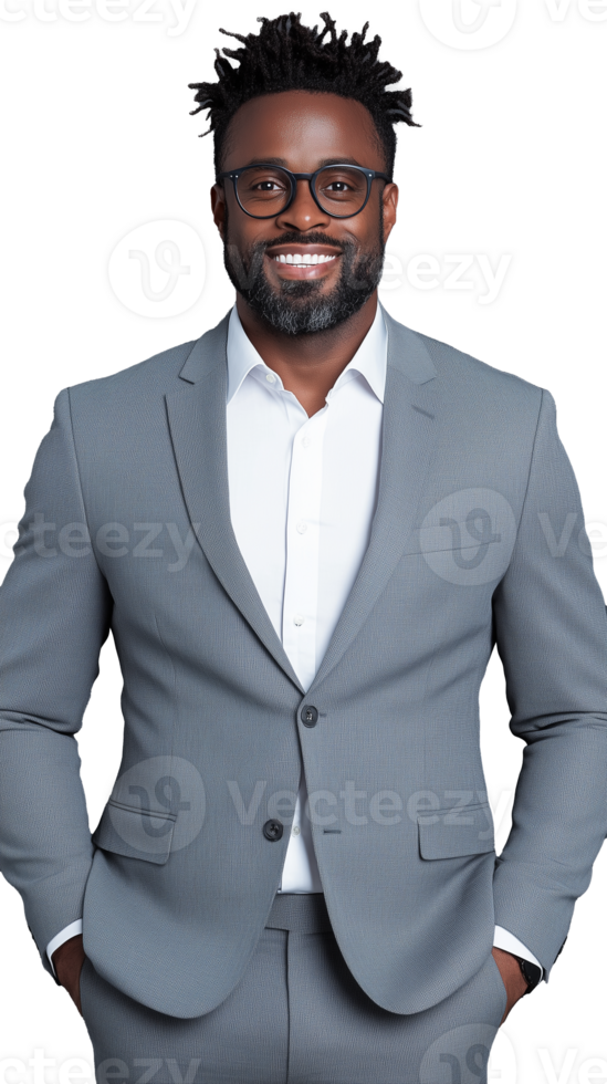 Smiling man in grey suit and glasses on transparent background, confident and professional look png