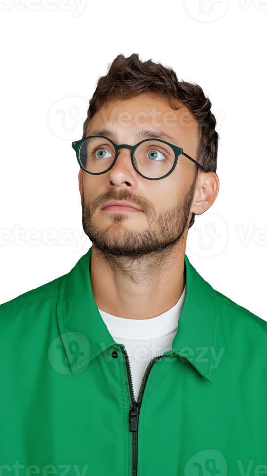 Thoughtful man in green jacket and glasses on transparent background, casual and stylish expression png