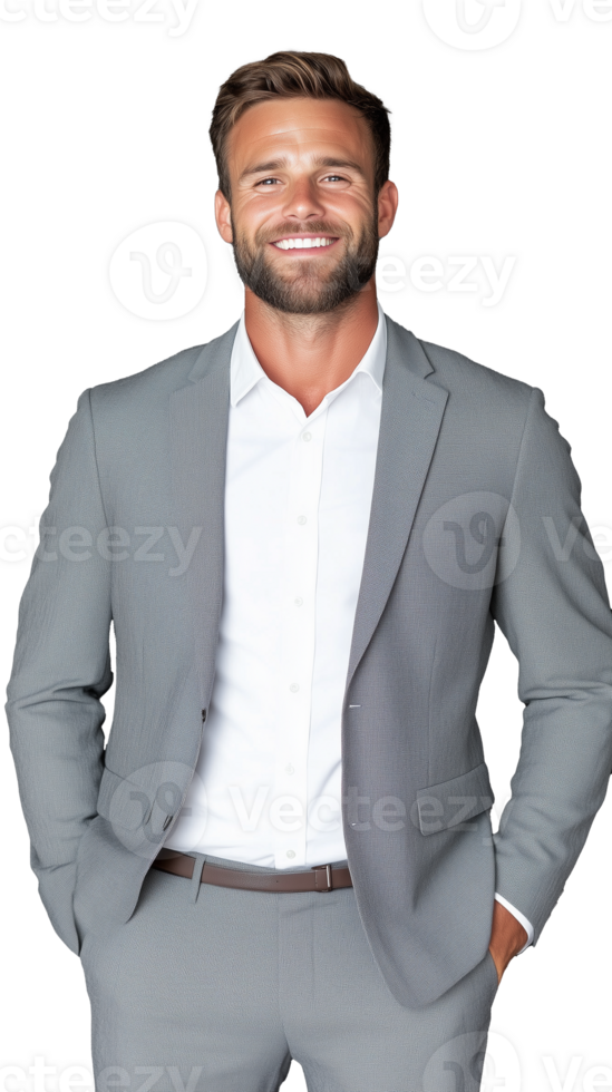 Confident man in grey suit smiling on transparent background, professional and joyful expression png