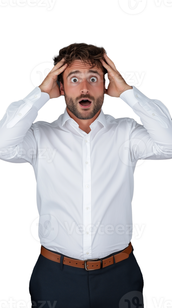 Surprised man in white shirt with hands on head on transparent background, shocked expression png