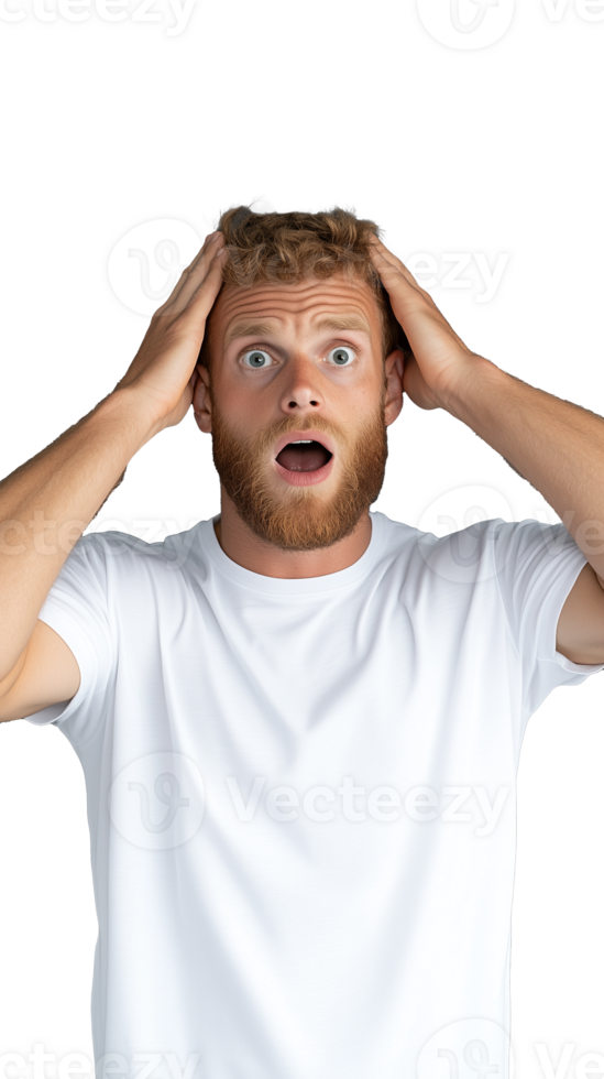 Surprised man in white shirt with hands on head on transparent background, astonished expression png