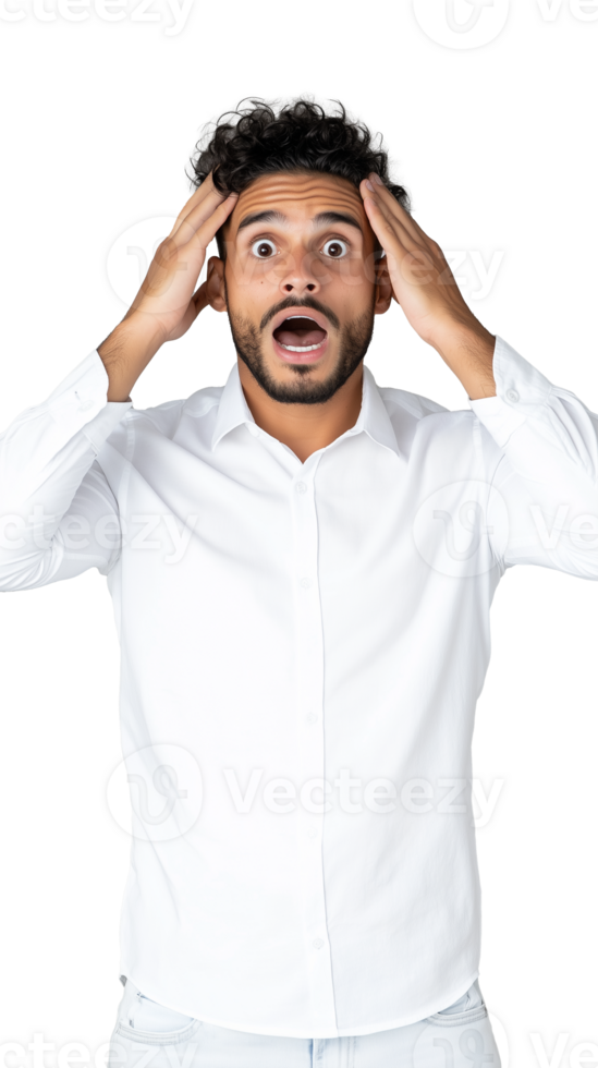 Shocked man in white shirt with hands on head on transparent background, surprised expression png