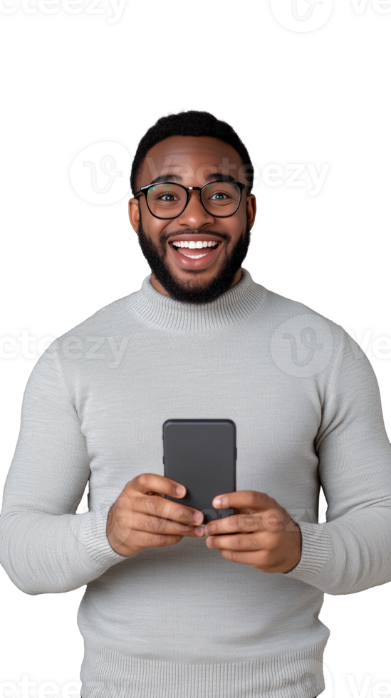 Smiling man in grey sweater holding smartphone on transparent background, cheerful and casual png