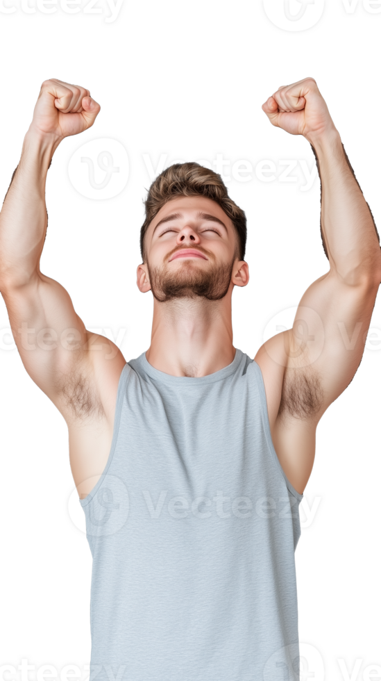 Athletic man in grey tank top raising arms in triumph on transparent background, confident expression png