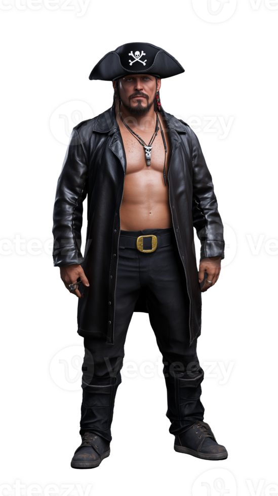 Muscular man in black pirate costume posing confidently on transparent background, fierce and powerful png