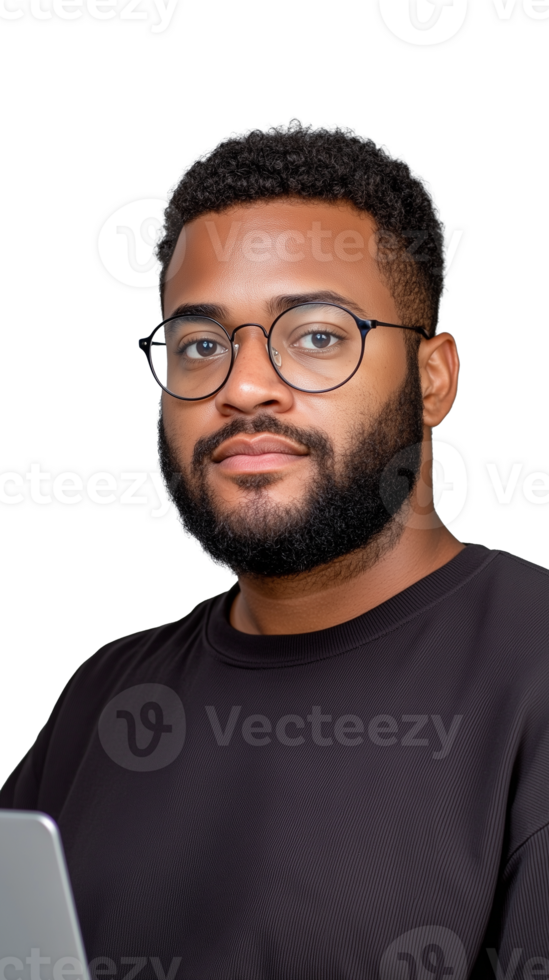 Confident man in black shirt wearing glasses holding laptop on transparent background, serious expression png