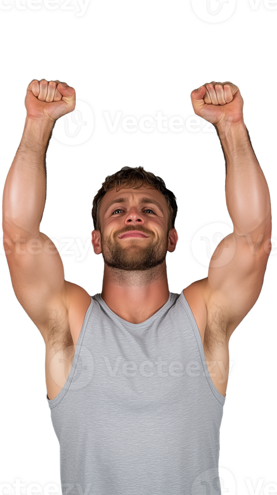 Fit man in grey tank top raising arms in victory on transparent background, joyful and strong pose png