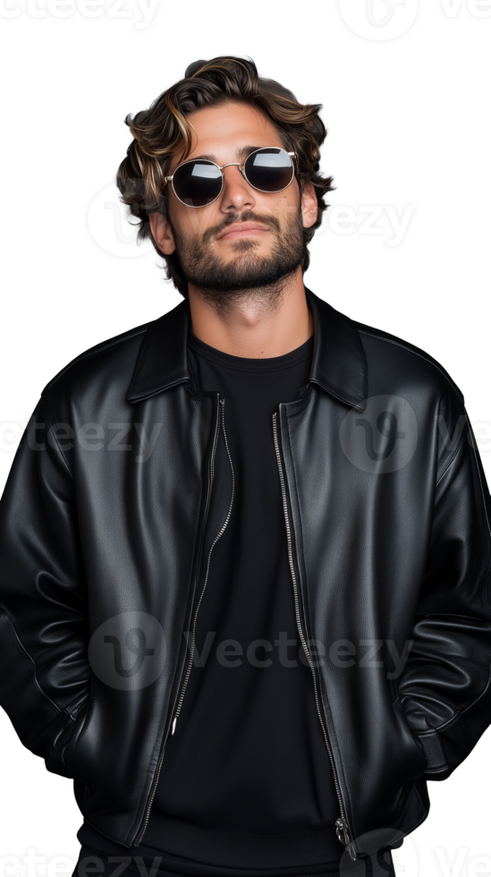 Stylish man in black leather jacket and sunglasses posing on transparent background, confident look png